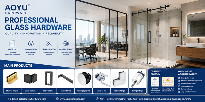 AOYU Hardware professional glass hardware manufacturer banner featuring frameless shower room scene, office glass partition, shower hinges, glass clamps, sliding systems, and stainless steel glass hardware products.